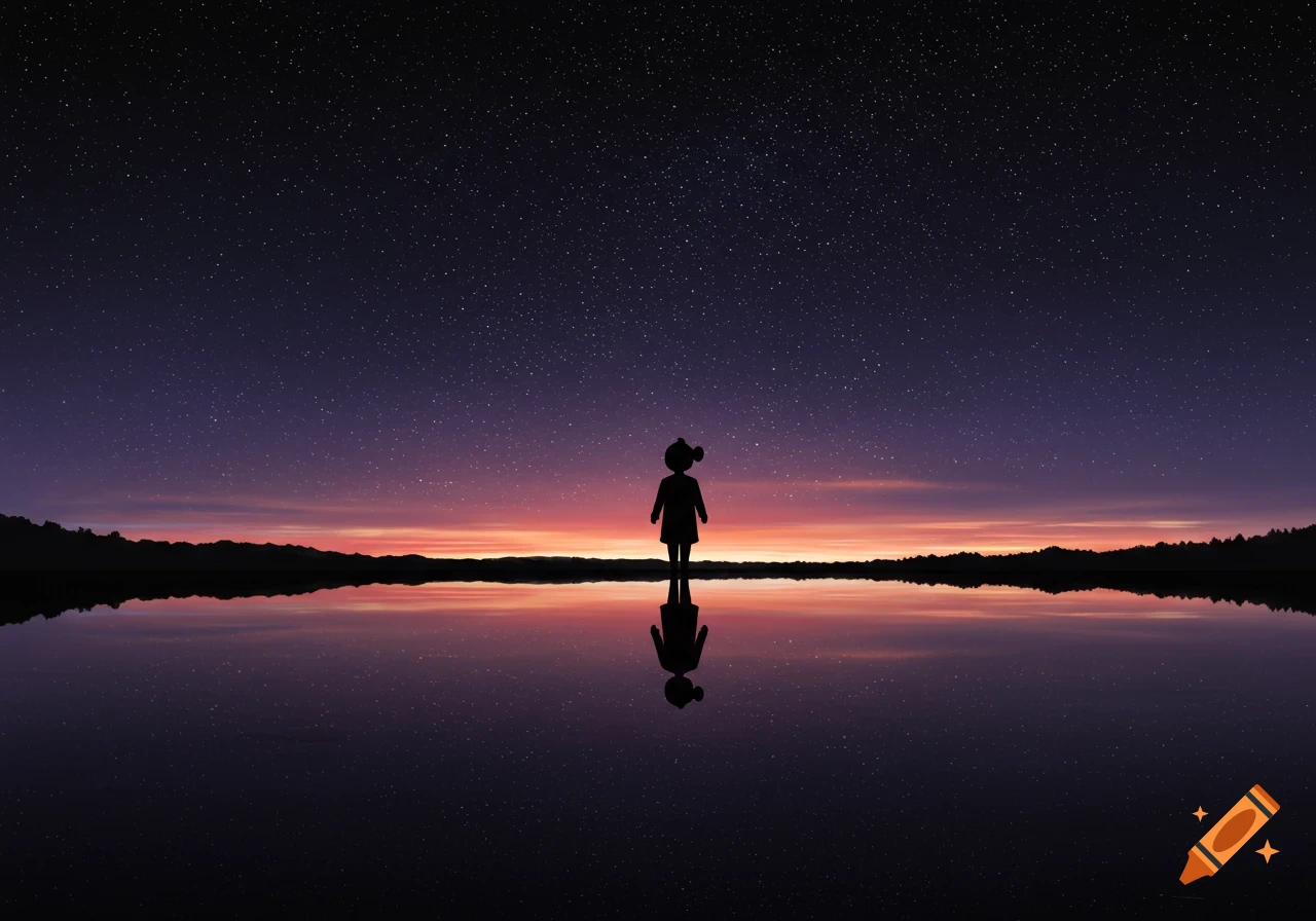 Silhouette of a person standing by a lake under a starry night sky and sunset reflection
