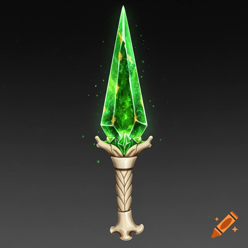 A fantasy dagger with a faceted green crystal blade and a carved bone handle.