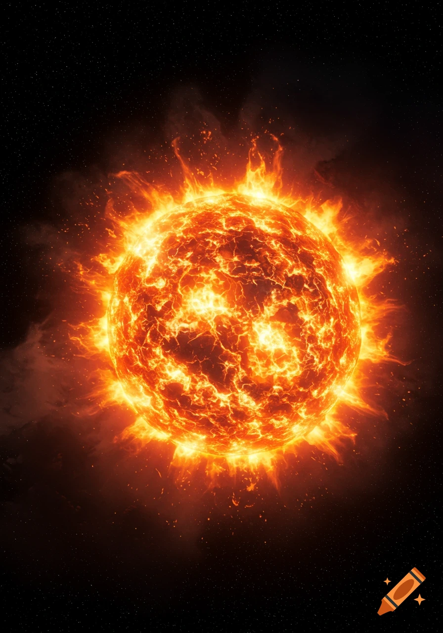 Close-up view of the sun's fiery, turbulent surface against a black, star-speckled space background.