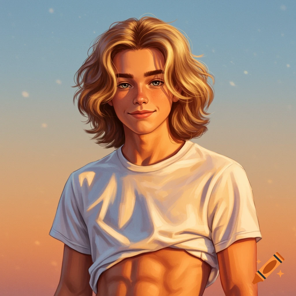 Digital painting of a blond teenager with freckles and abs wearing a white crop top.