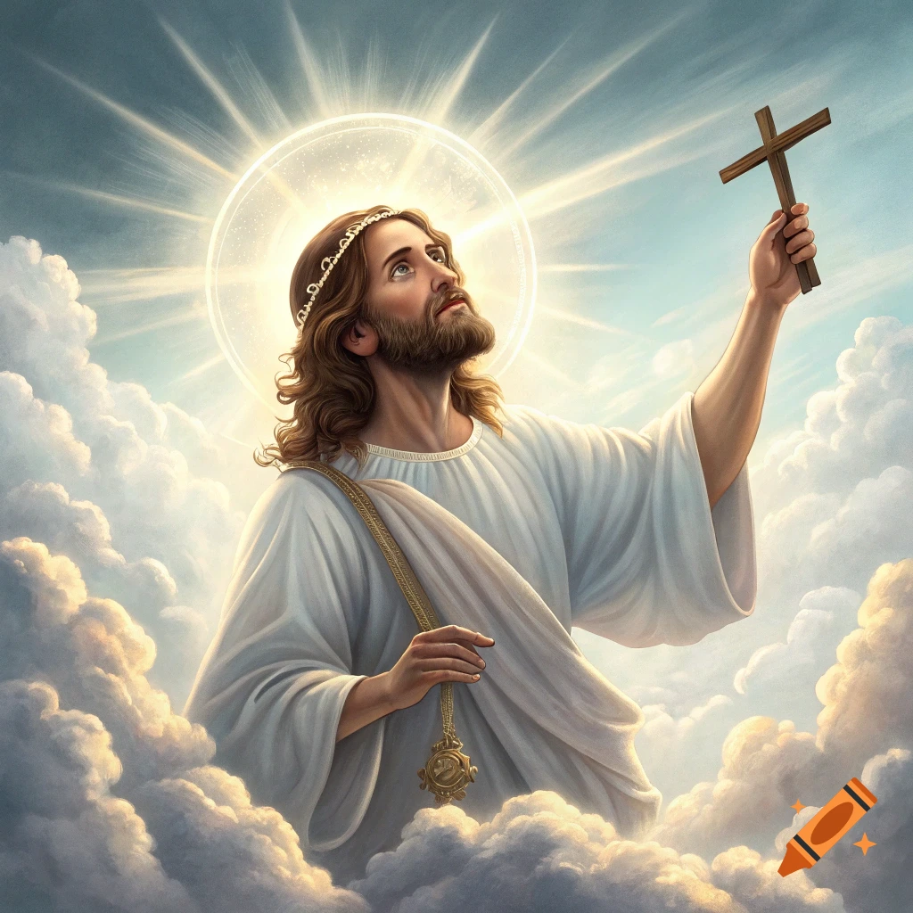 Jesus Christ ascending into the clouds, holding a cross aloft, bathed in divine light.