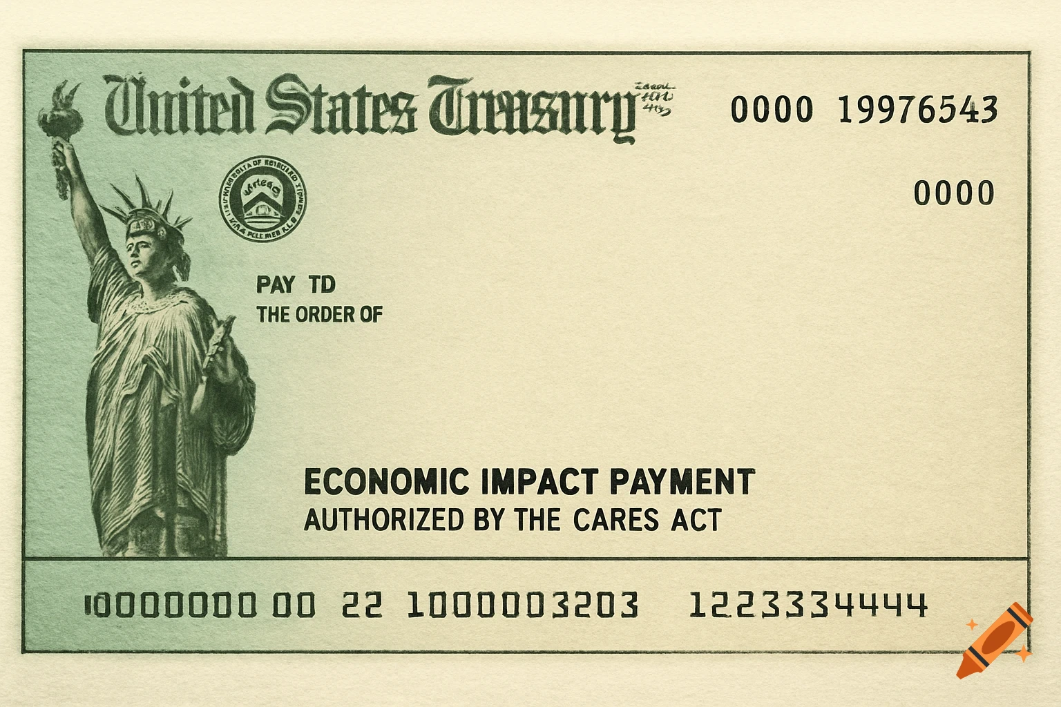 Blank US Treasury stimulus check with Statue of Liberty and text including 'Economic Impact Payment Authorized by the CARES Act'.