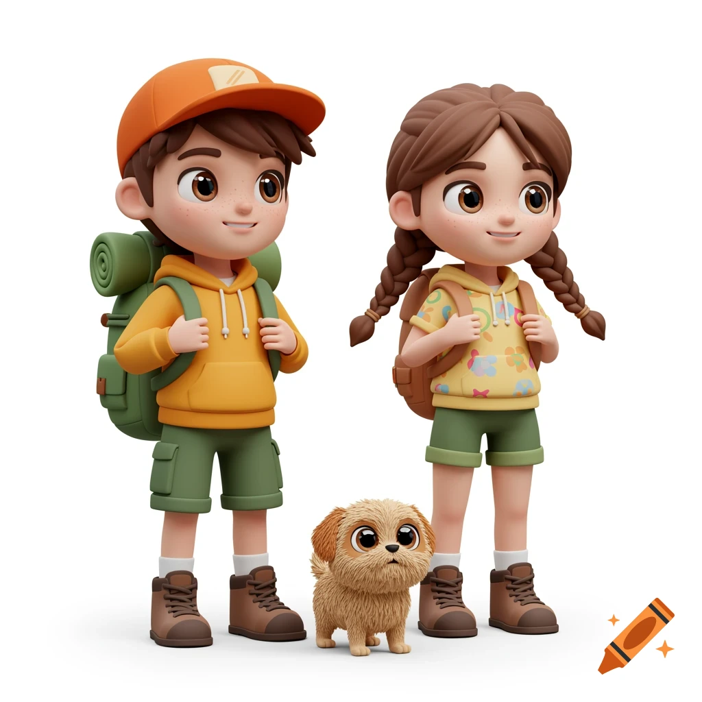 3D cartoon boy and girl hikers with a small fluffy dog.