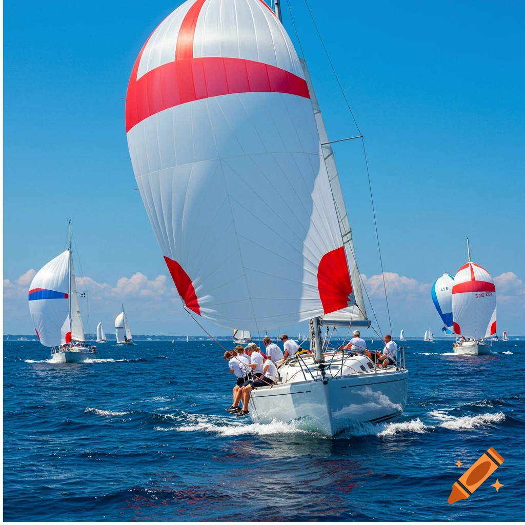 Sailboats racing on the ocean under a clear blue sky.
