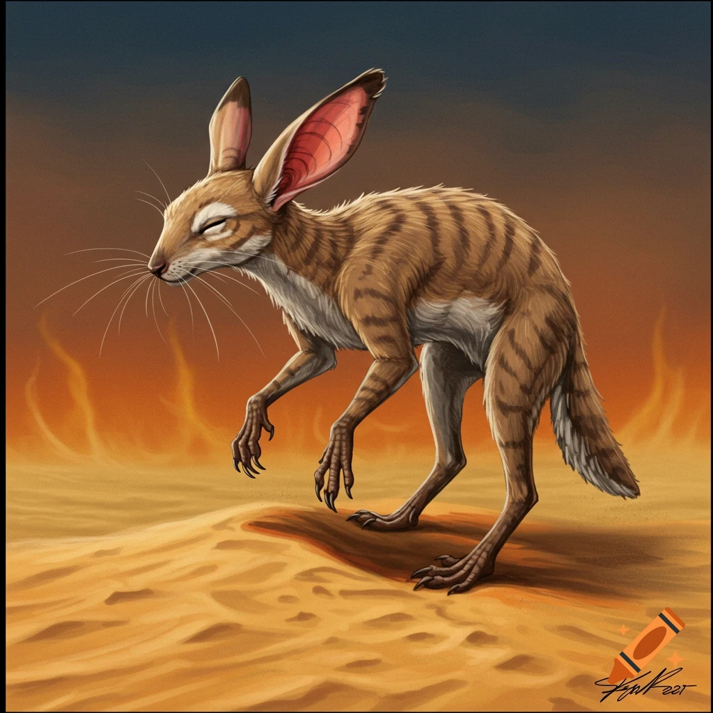An illustration of a striped fantasy creature with long legs and large ears standing in a desert at sunset.