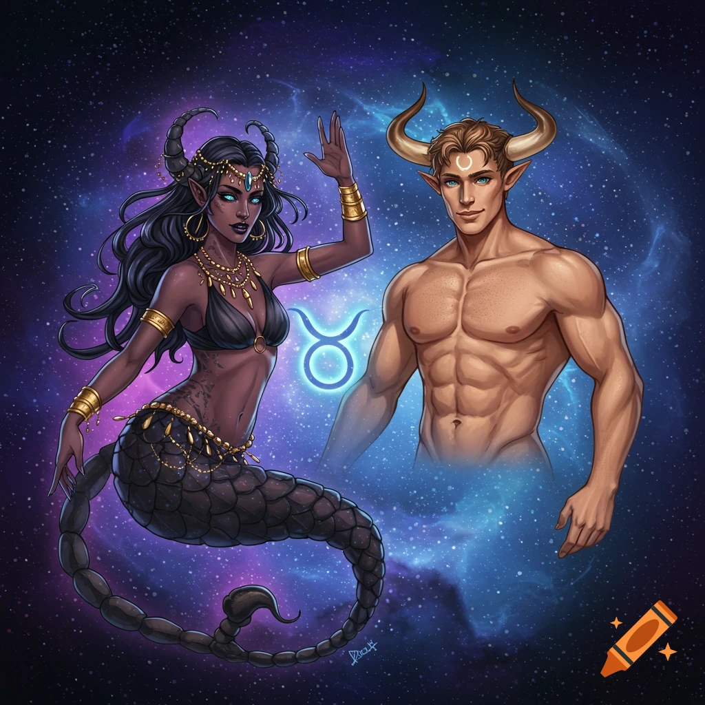 An illustration of a female figure with a scorpion tail and horns and a muscular male figure with horns, against a cosmic background with the Taurus symbol.