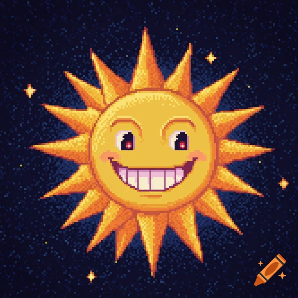 Pixel art smiling sun against a starry background