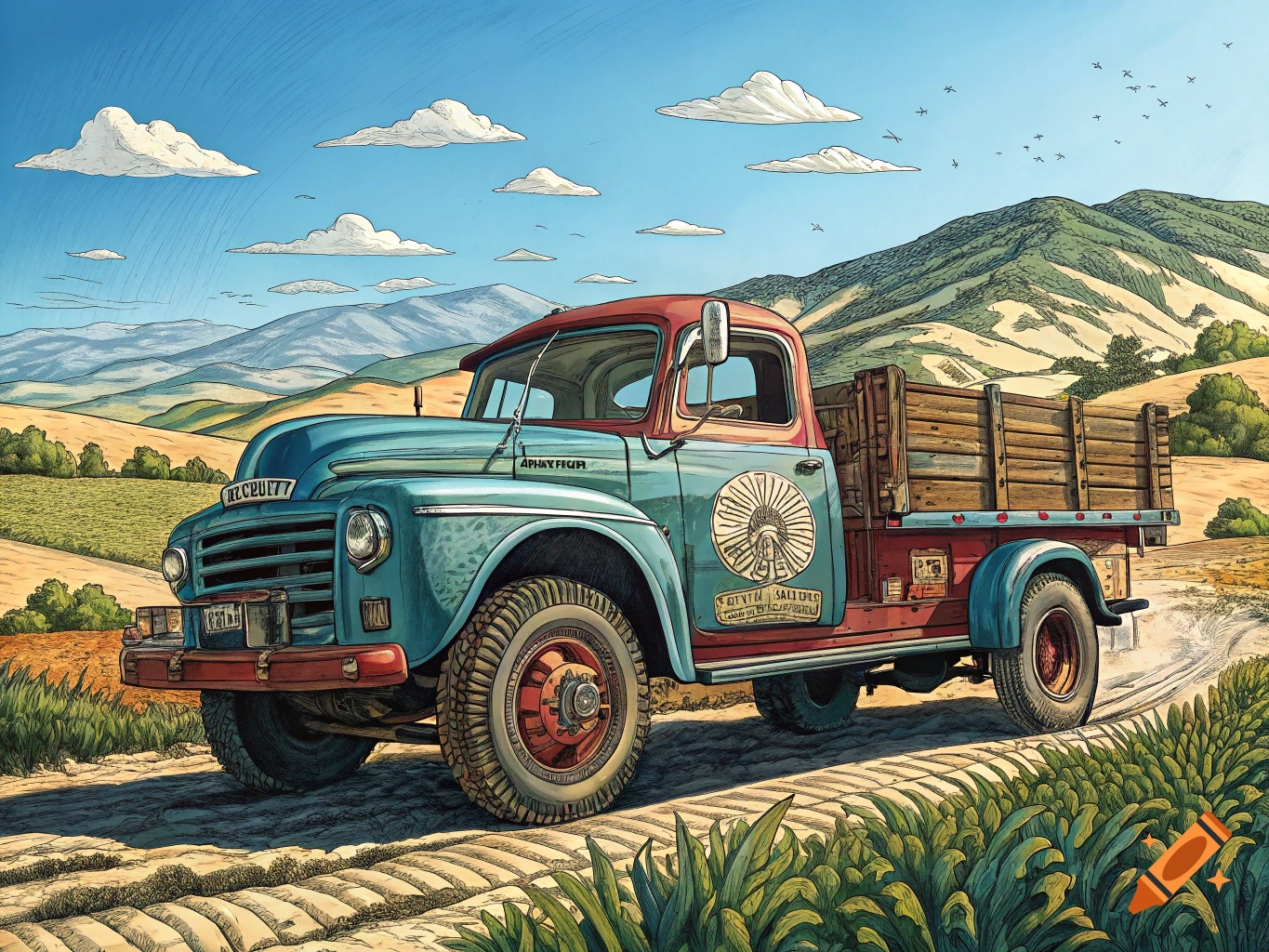 Illustrated blue and red vintage truck driving on a dirt road through a rural landscape.