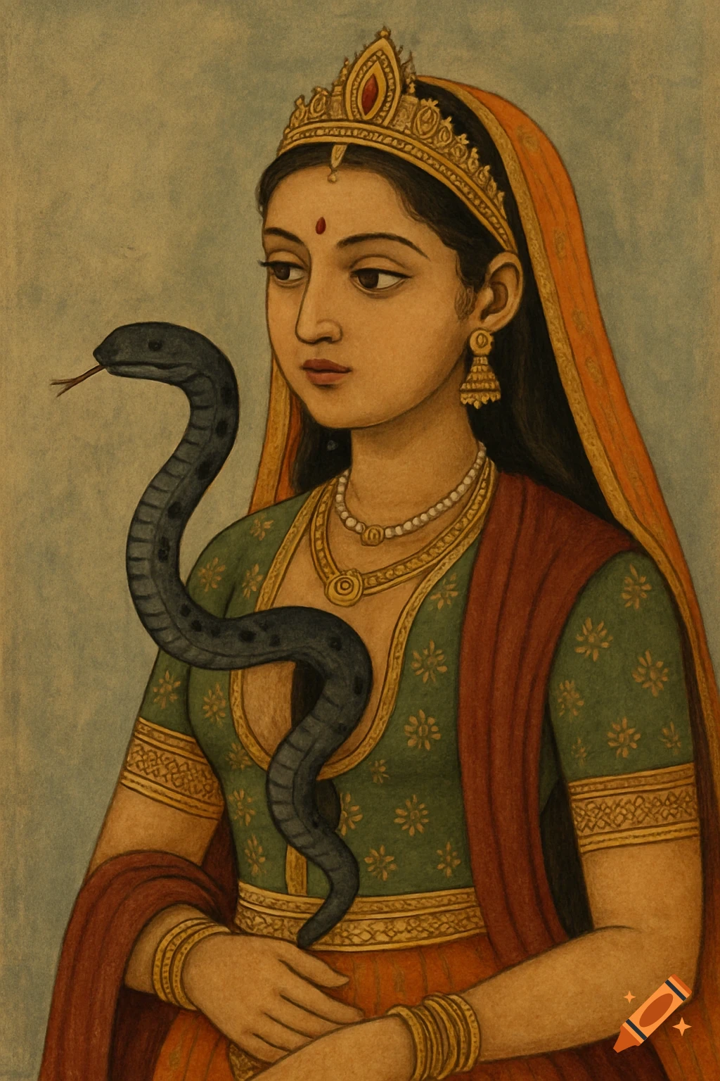 Portrait of a woman in traditional Indian attire with a snake around her neck.