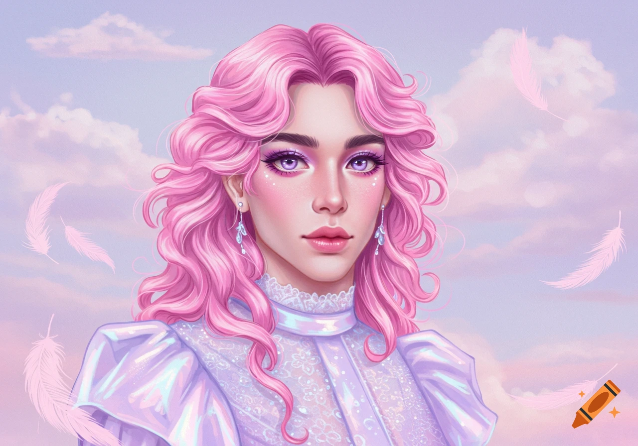 A pastel portrait of a person with pink hair and purple eyes in a dress, with feathers floating in the sky.
