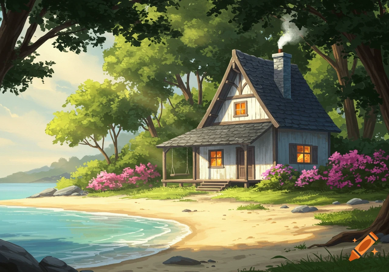 An illustration of a cozy cottage on a sunny beach surrounded by trees and flowers.