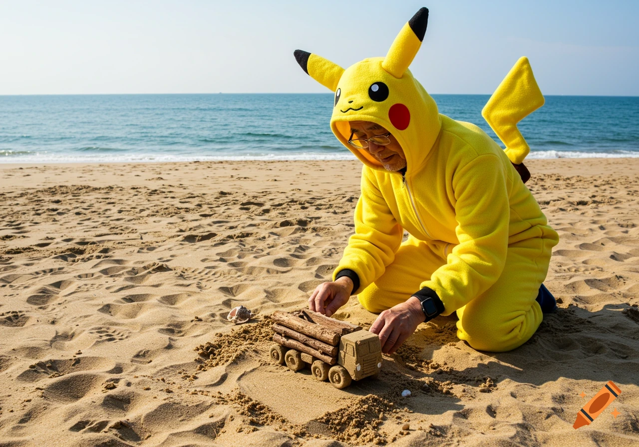 An old man in a Pikachu costume kneels on a beach building a sand truck.