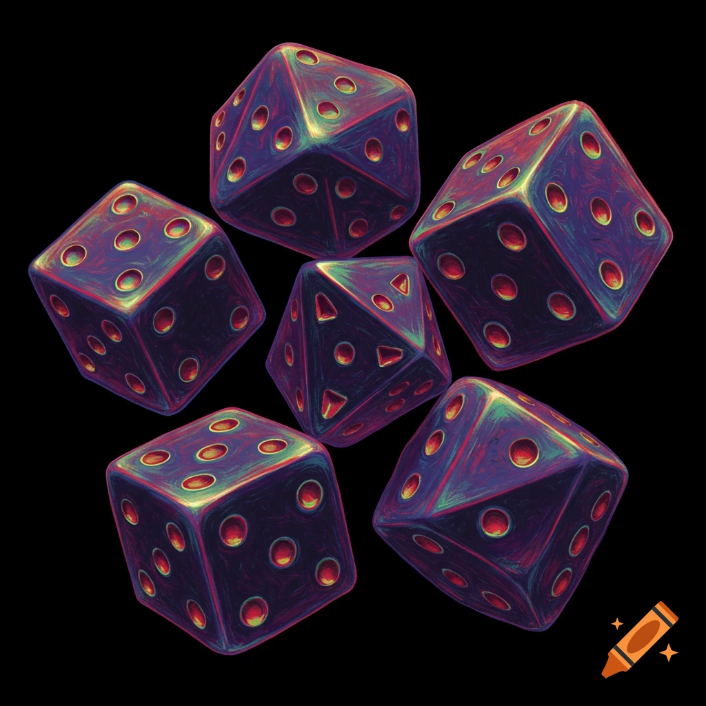 Several stylized multi-colored dice float on a black background.