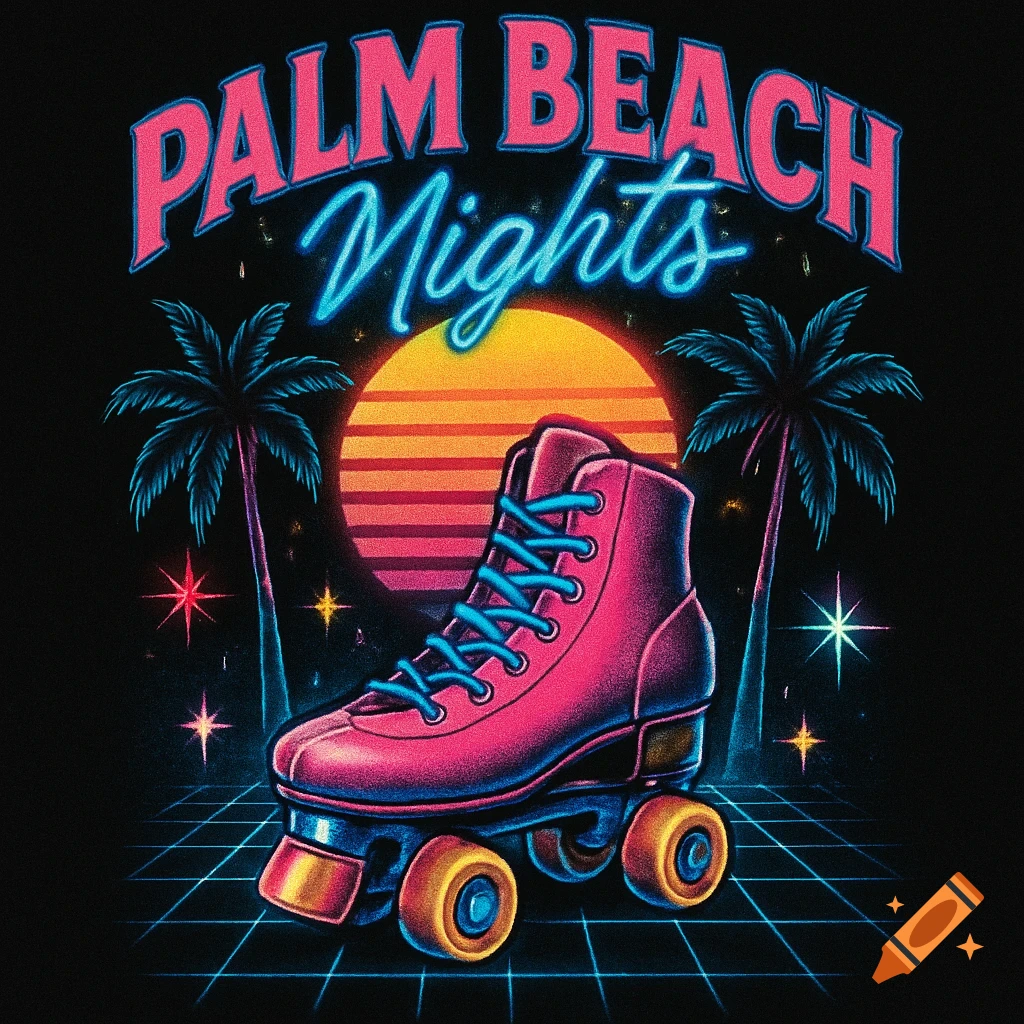 Retro neon art with a pink roller skate, palm trees, grid, and sunset behind "Palm Beach Nights" text.