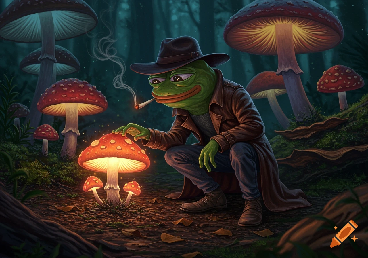 A fantasy illustration of Pepe the Frog in a trench coat and fedora, crouching and touching a glowing mushroom in a dark forest.