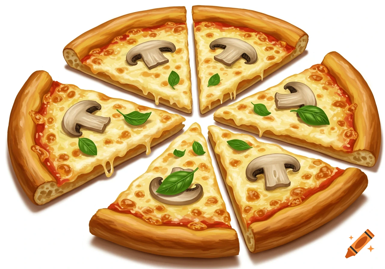 Illustration of mushroom and basil pizza slices arranged in a circle