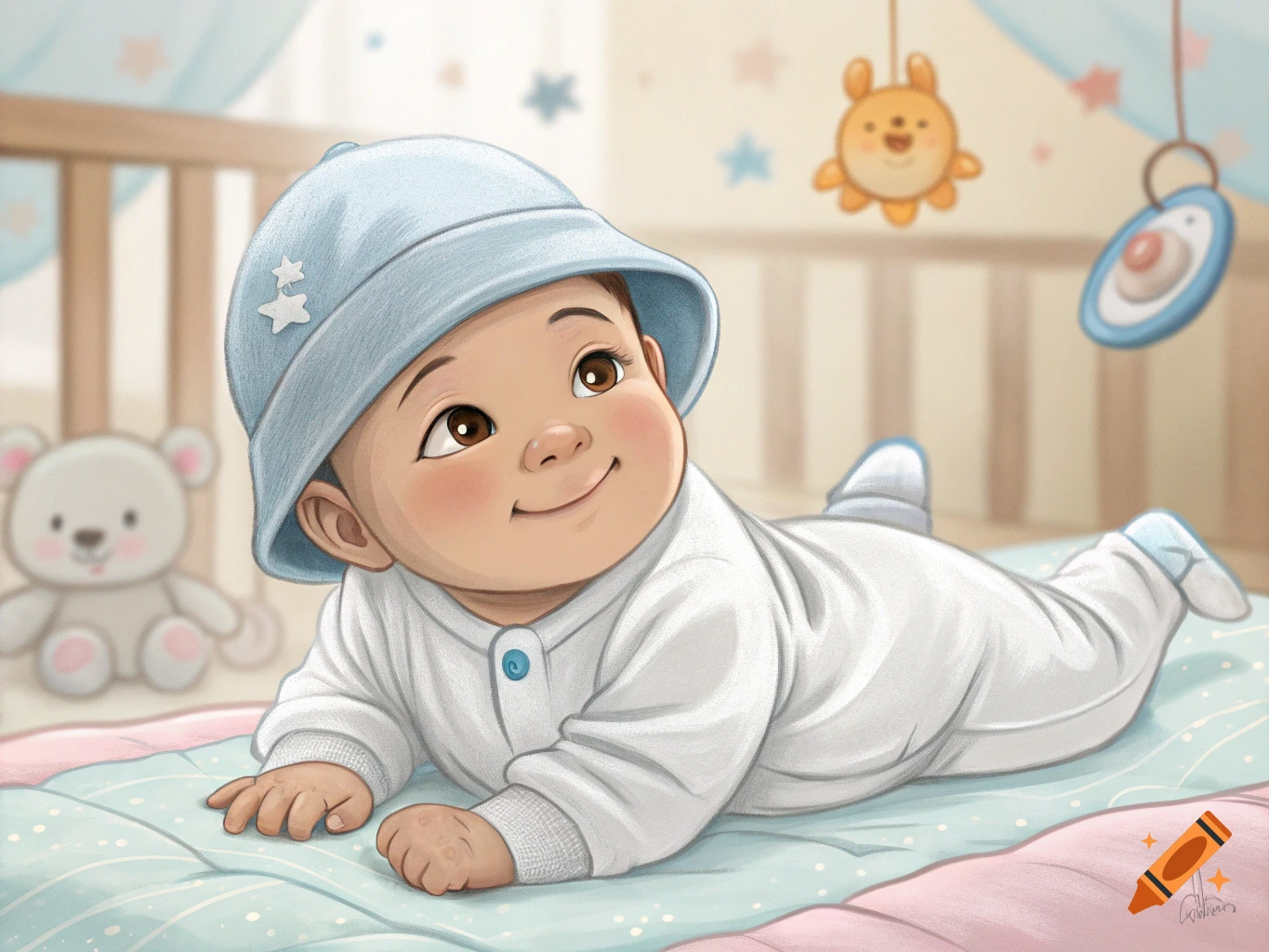Illustration of a baby in a blue hat lying on its stomach in a nursery with toys.