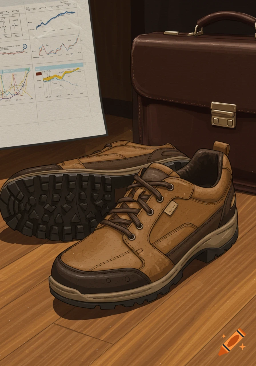 Illustration of brown leather walking shoes, a brown briefcase, and business charts on a wooden floor.