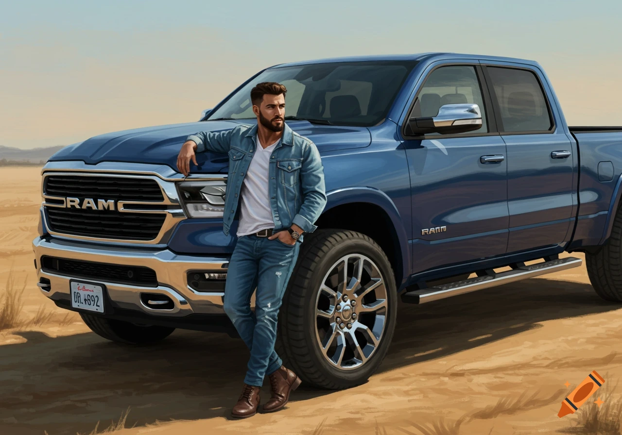 A man in a denim jacket leans against a blue Ram truck in a desert landscape.