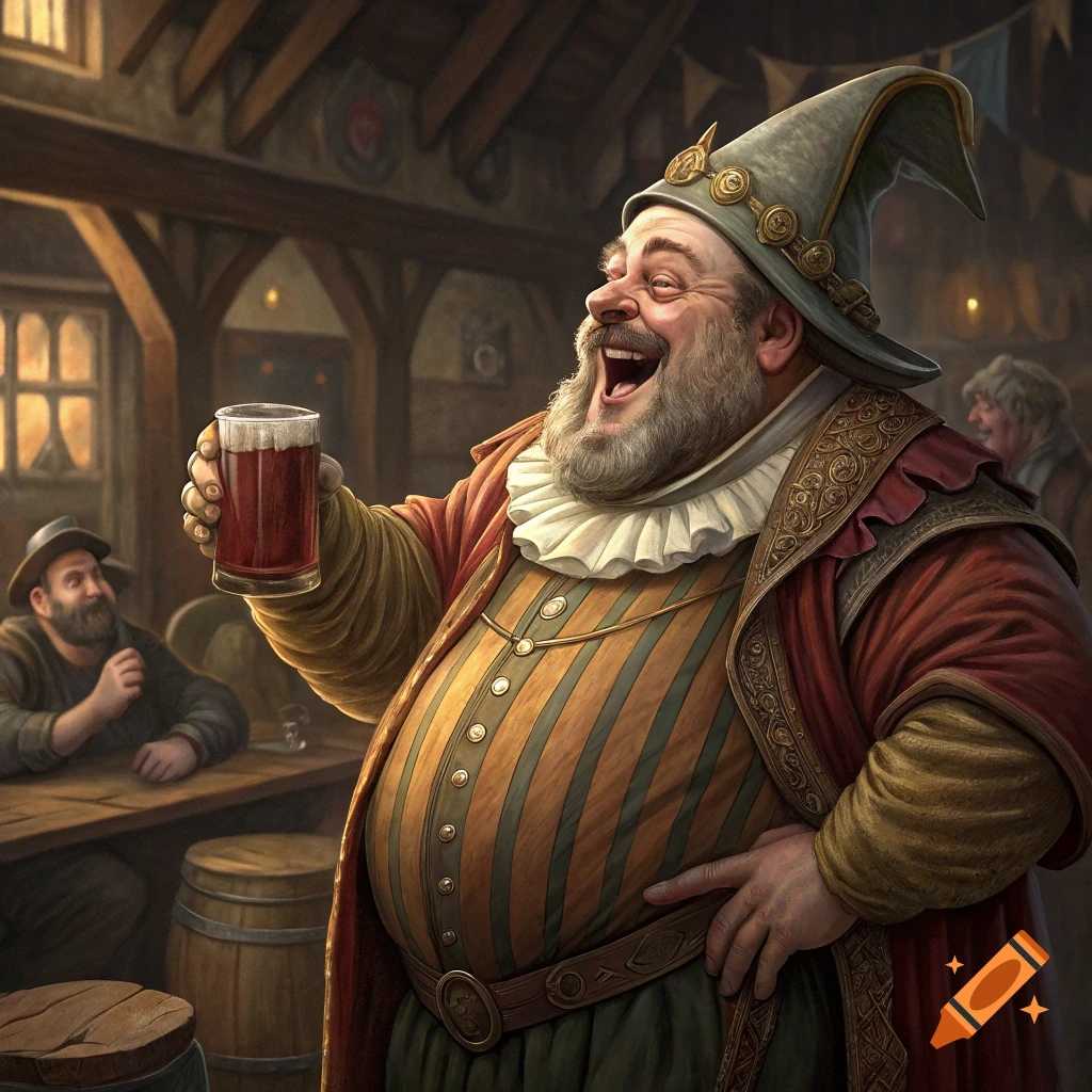Portly man in historical clothes laughs while holding a drink in a tavern, painting style.
