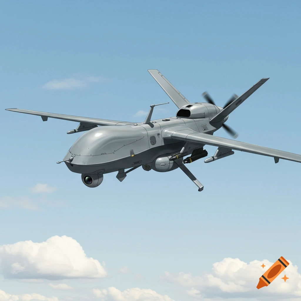 A gray military drone flies in a cloudy blue sky.