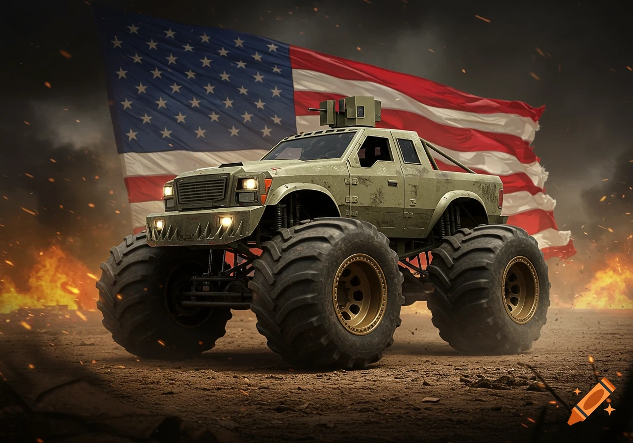 A military monster truck with an American flag in the background, amidst fire and smoke.