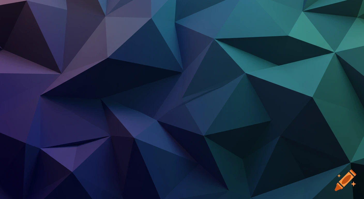 Abstract 3D background of overlapping triangles with shadows, gradient from purple to teal.
