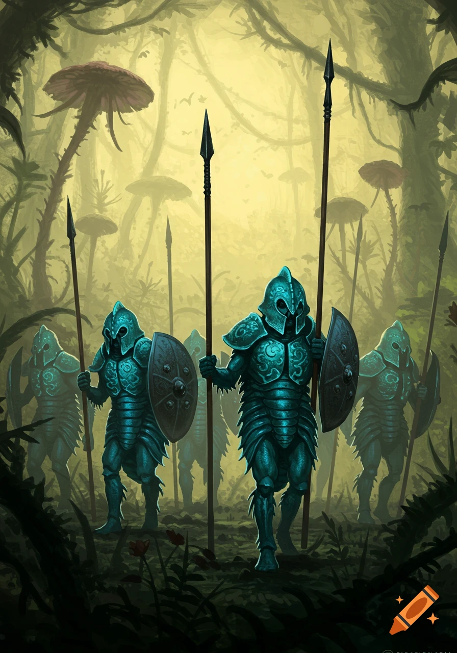 Armored soldiers with spears and shields stand in a fungal forest.