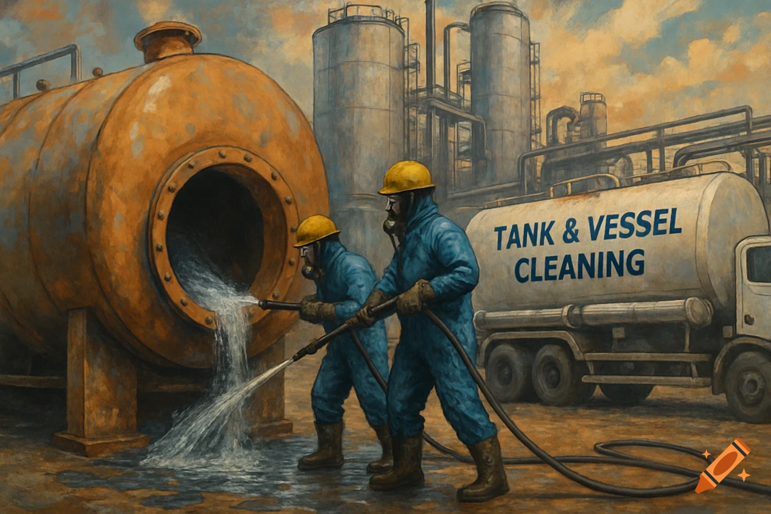 Two workers in protective gear clean a large tank with water hoses next to a truck, in a painterly style.