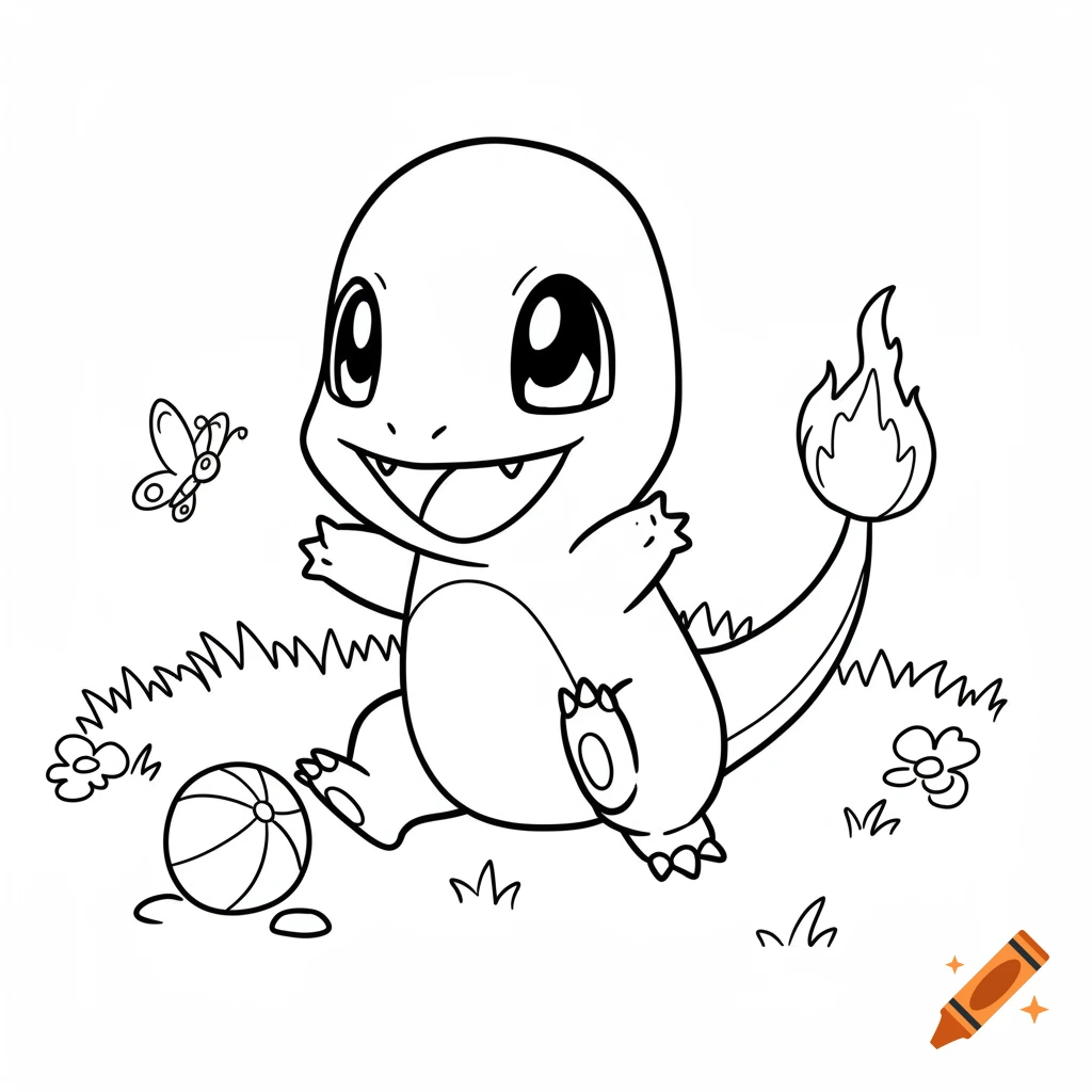 Black and white coloring page of a cute baby Charmander playing with a ball and butterfly in a field.