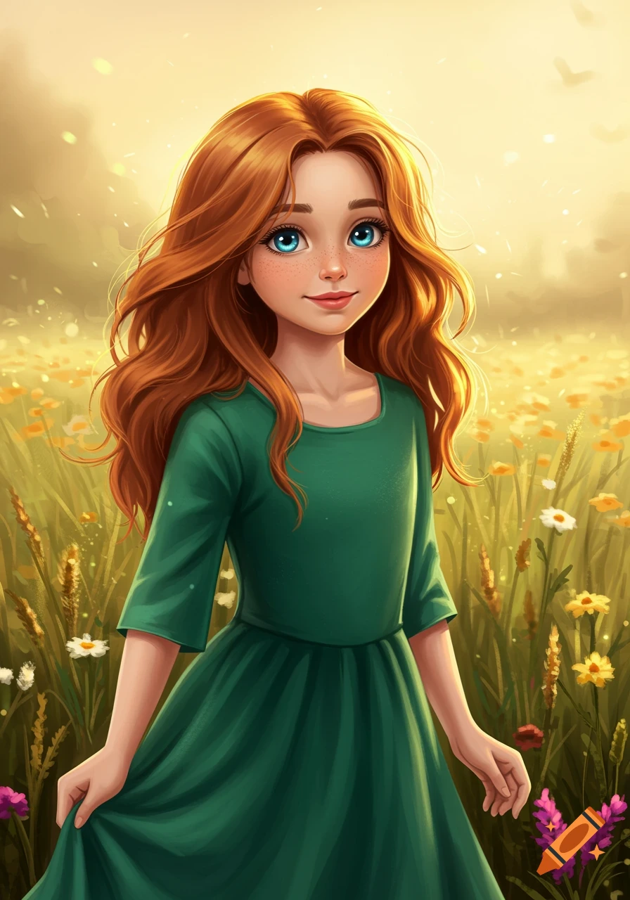 Rendered image of a young red-haired girl in a green dress standing in a sunny field of flowers.