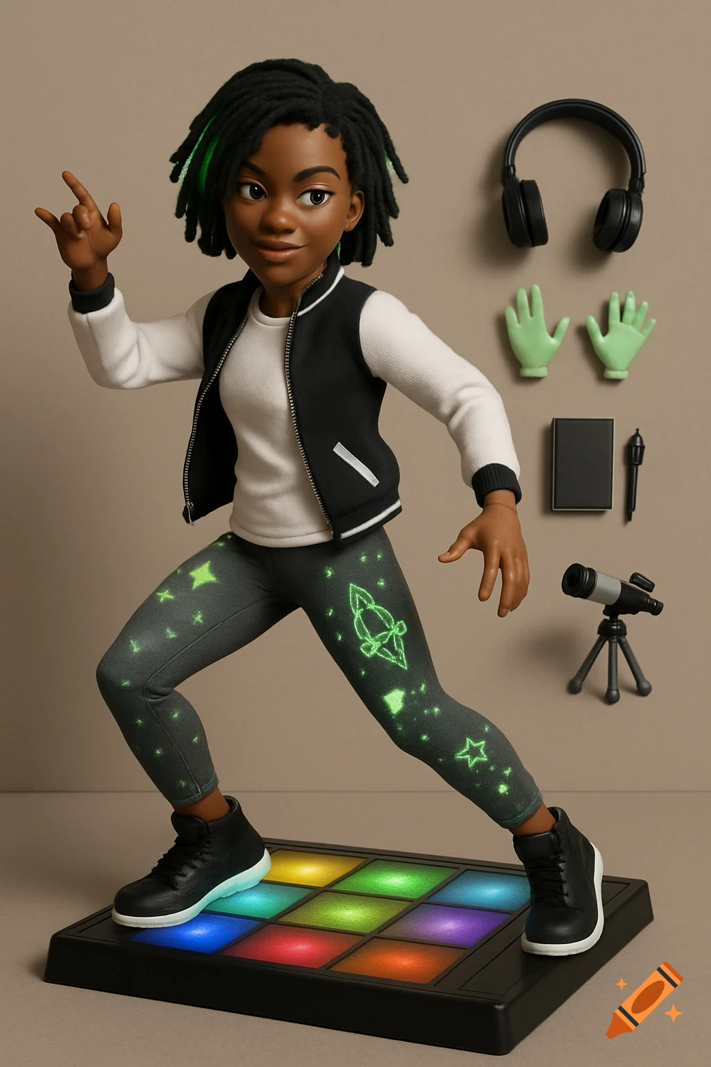 Action figure of a young person in a bomber jacket and space-themed leggings, posing on a light-up dance floor base with accessories.