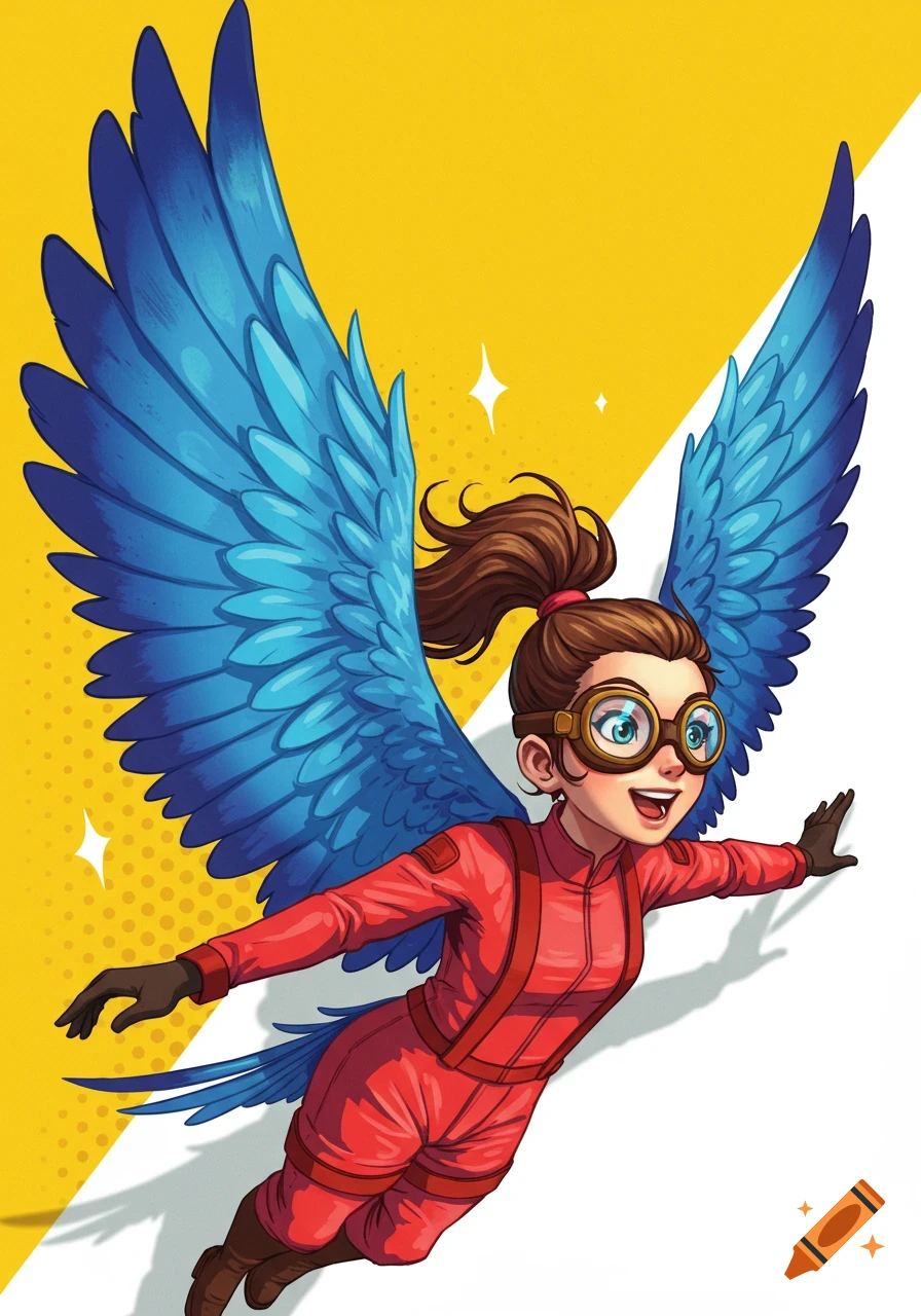 Illustration of a girl with large blue bird wings and goggles flying
