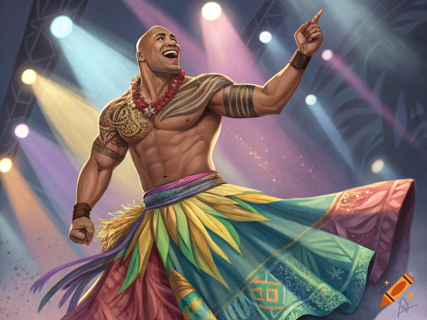 Dwayne Johnson dances on stage in a colorful skirt and lei, pointing up.