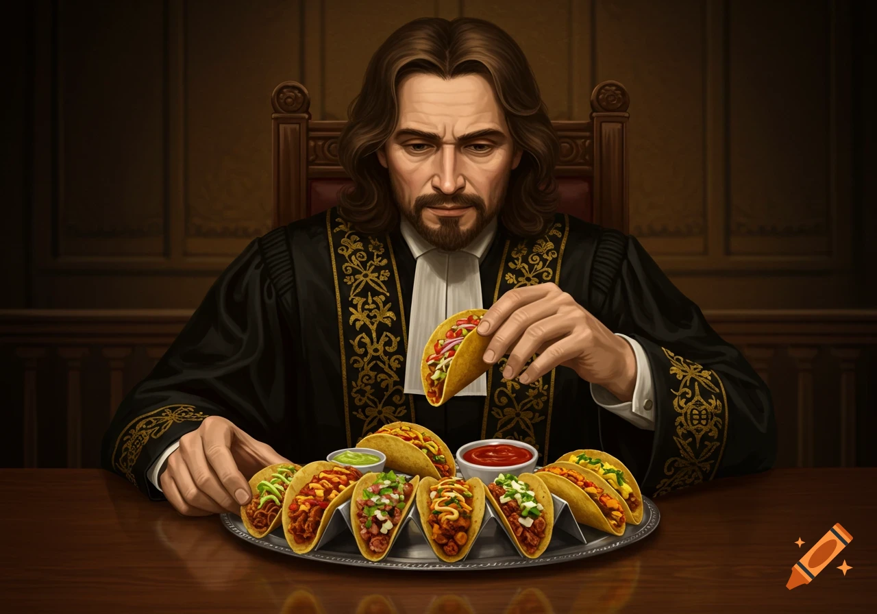A judge holds a taco over a plate filled with tacos in a courtroom.