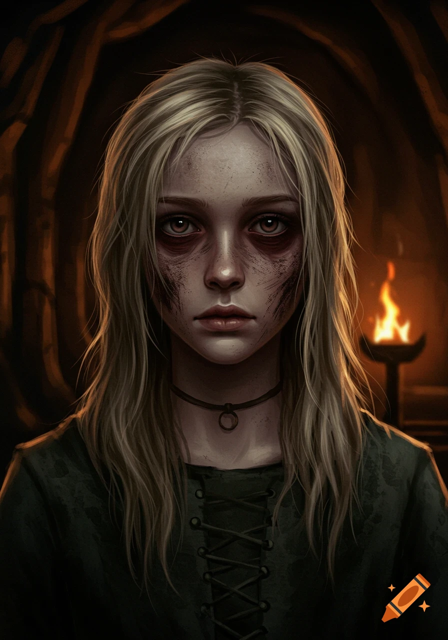 Portrait of a girl with dirt on her face in a dark cave lit by ...