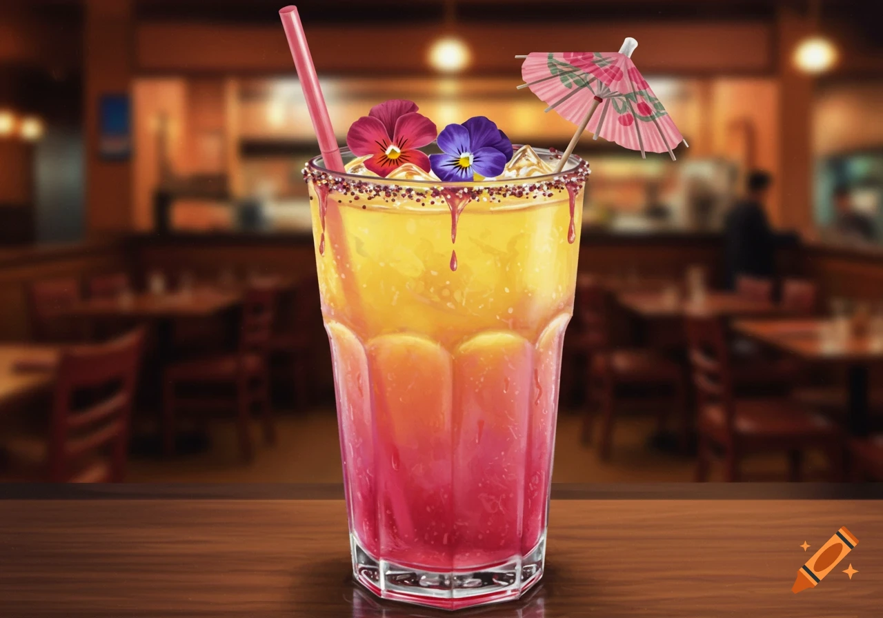 A colorful layered cocktail with flowers, a mini umbrella, and a straw on a table in a restaurant.