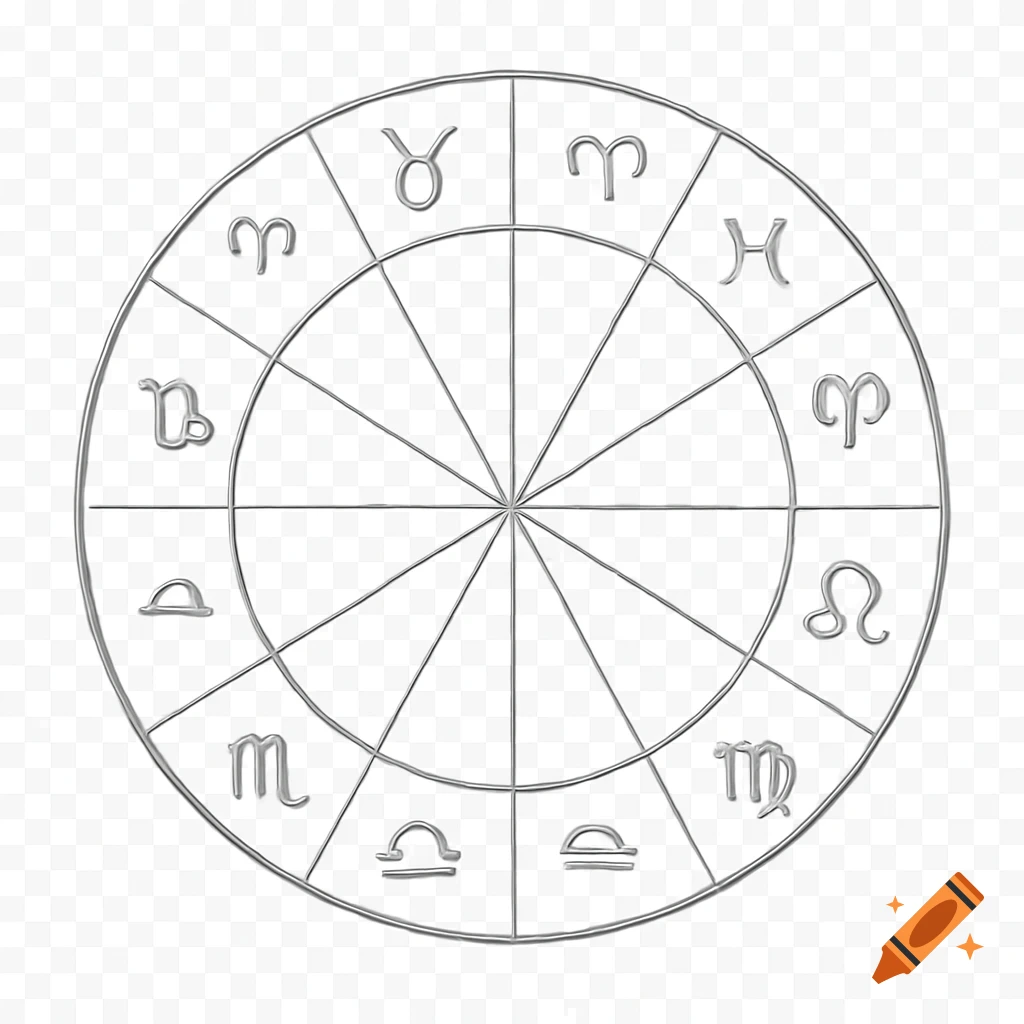 A silver astrological zodiac wheel with sign symbols on a transparent background