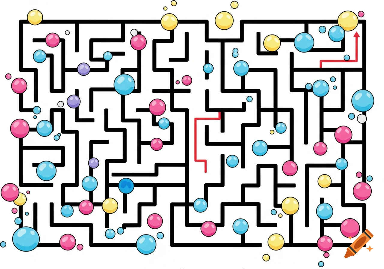 Clipart maze filled with pink, blue, purple, and yellow bubbles, with a red line showing the solved path.
