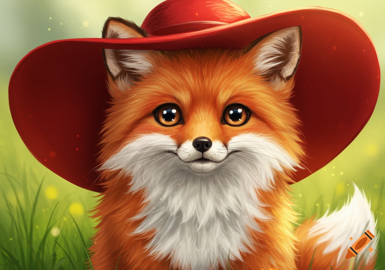 A cute, fluffy fox wears a red hat and smiles in a grassy field.