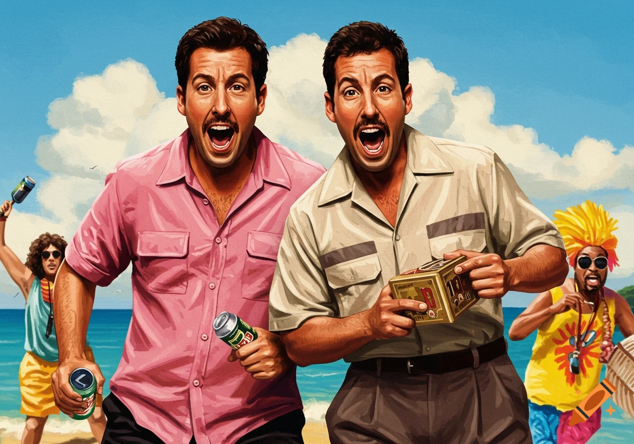 Illustration of two men resembling Adam Sandler on a beach holding drinks and a box, with other people in the background.
