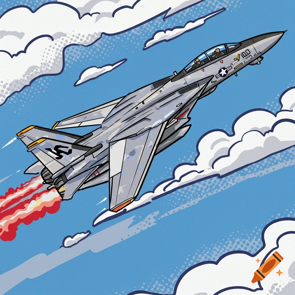 A fighter jet flying through clouds in a pop art style.
