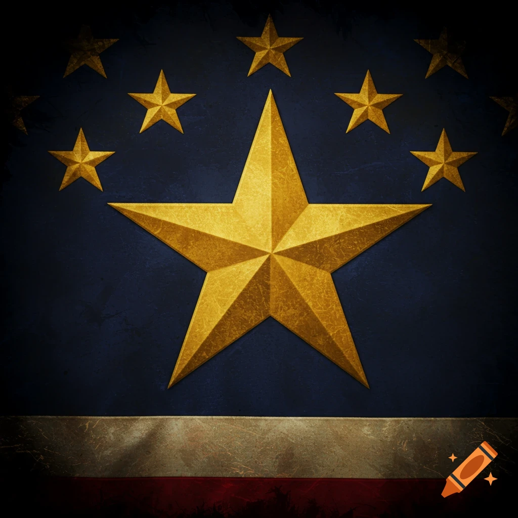 A large gold star is centered on a dark blue background with smaller gold stars, above a gold and red band.