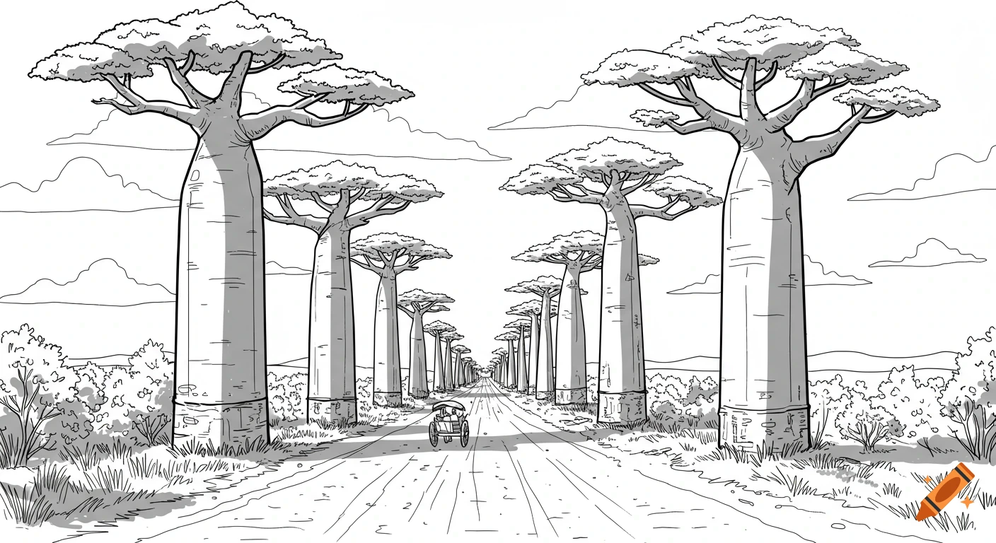 Black and white line drawing of the Avenue of Baobabs with a small cart.