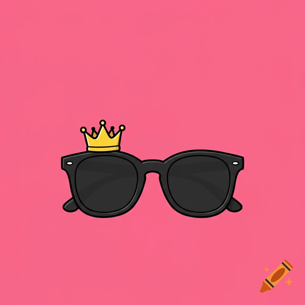 Simple 2D illustration of black sunglasses with a gold crown on a pink background.