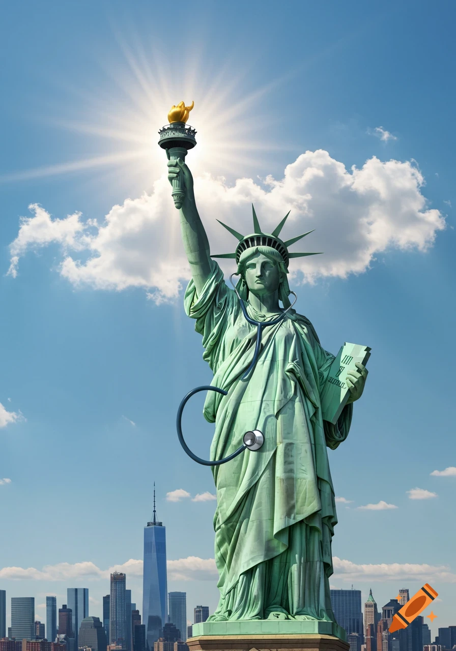 Statue of Liberty wearing a stethoscope and holding a book, with the New York City skyline in the background.