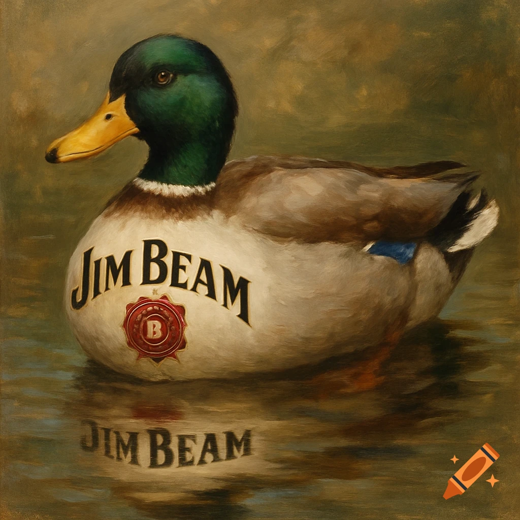 A mallard duck floats on water with a Jim Beam logo on its chest, painted in an oil style.