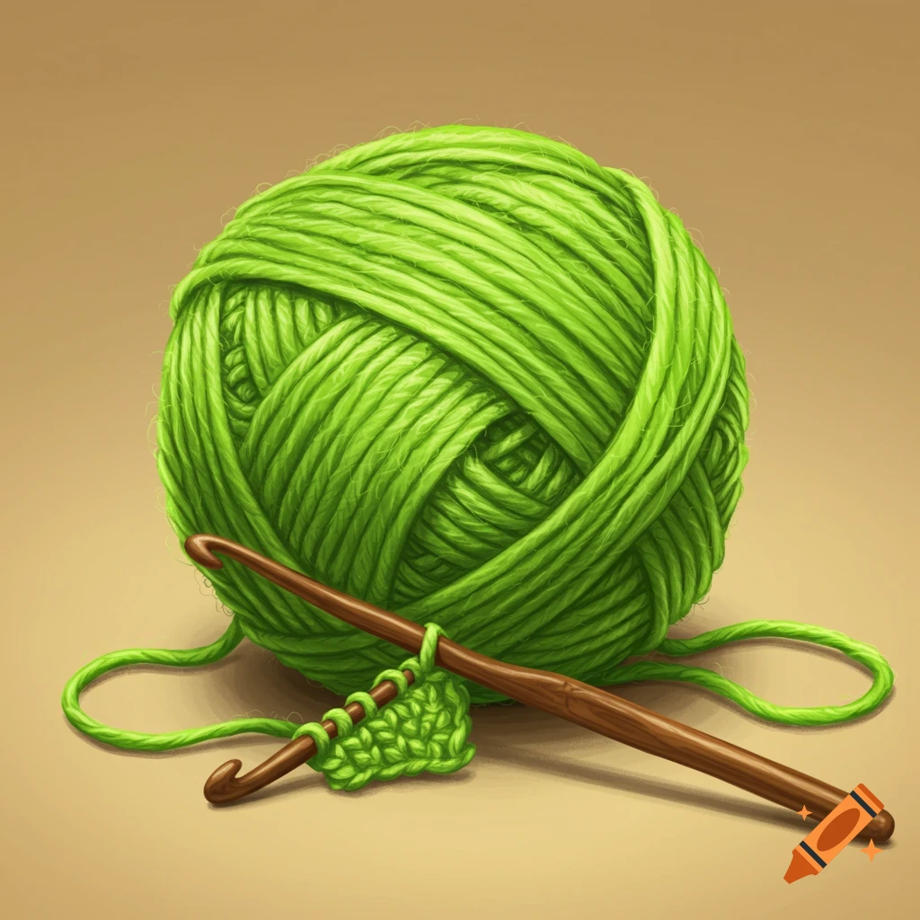A ball of green yarn with a crochet hook and a small piece of crochet work.