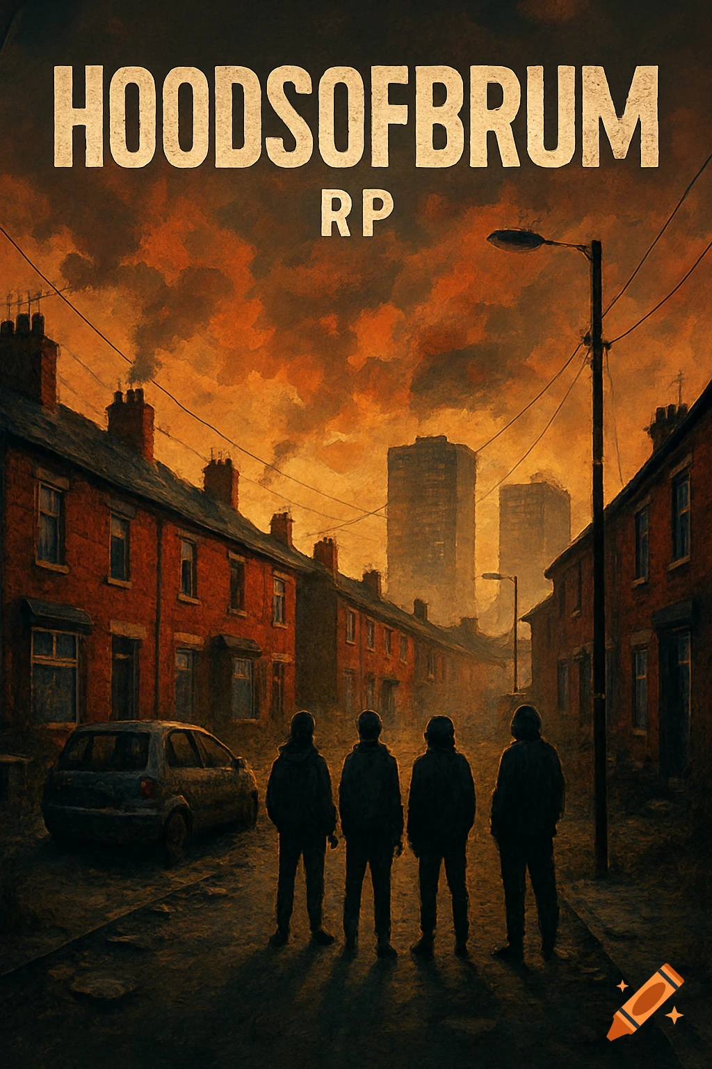 Four figures stand on an urban street looking towards buildings under a dramatic orange sky, with text 'HOODSOFBRUM RP' above.