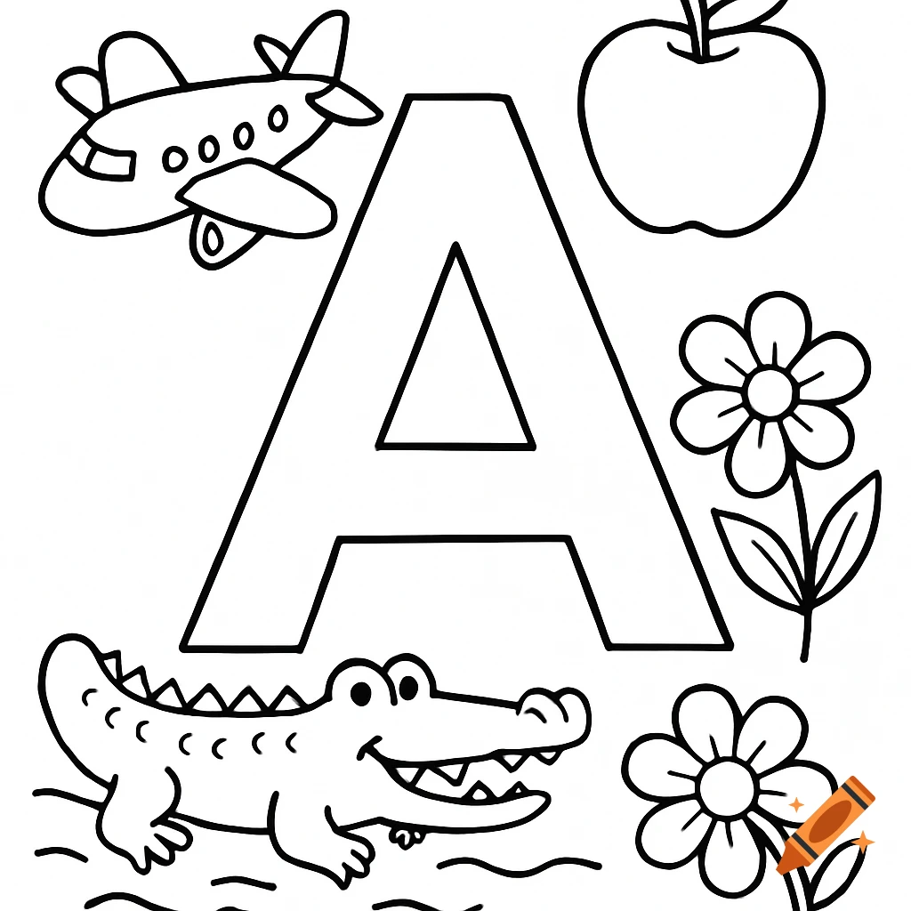 Black and white coloring page with the letter A surrounded by an airplane, apple, alligator, and flowers.